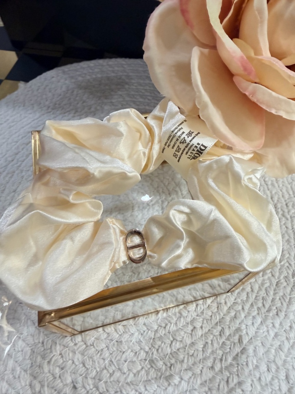 Dior Beaute Ivory Satin Scrunchie with Gold CD Charm in a Dior Dust Bag❣️✨ - Picture 2 of 7